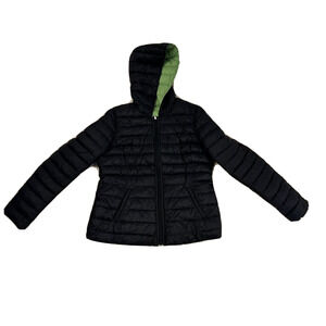 Nautica Women Large Reversible Packable Hooded Puffer Jacket Black Green‎ FLAWED